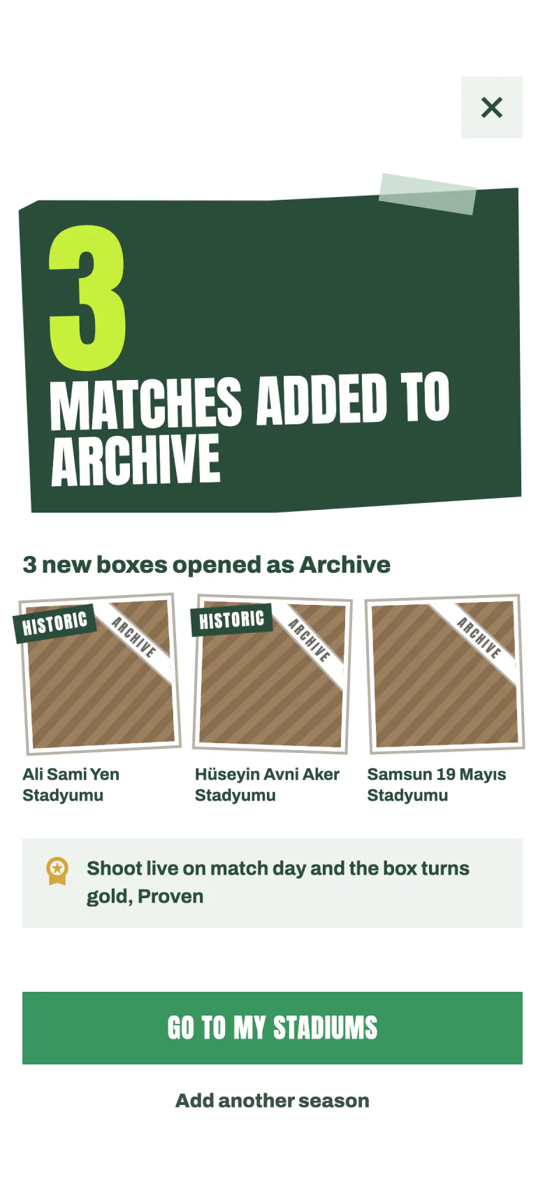 3 matches added to the archive: three new sepia ARCHIVE boxes, Ali Sami Yen and Hüseyin Avni Aker with the “Historic” tag, and Samsun 19 Mayıs.