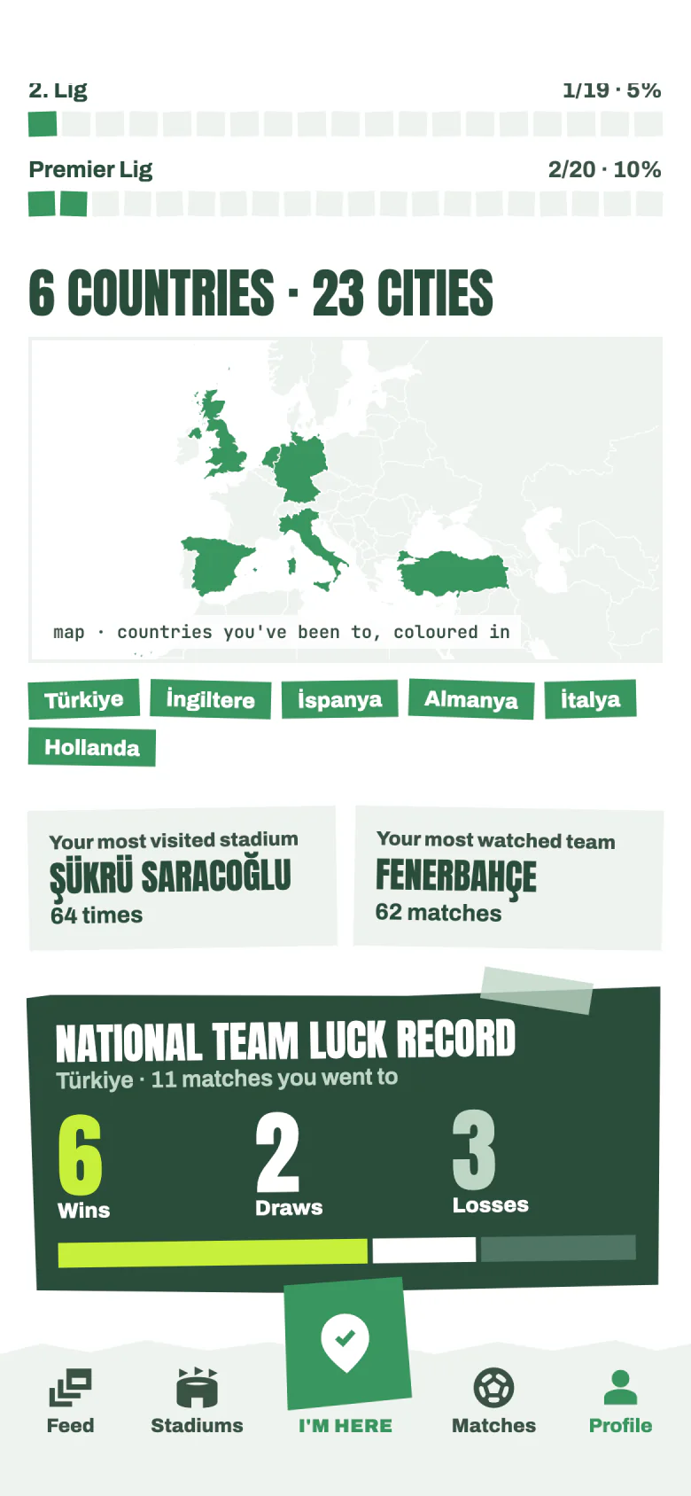 Statistics: 6 countries, 23 cities, a world map with the visited countries painted and the national team record.
