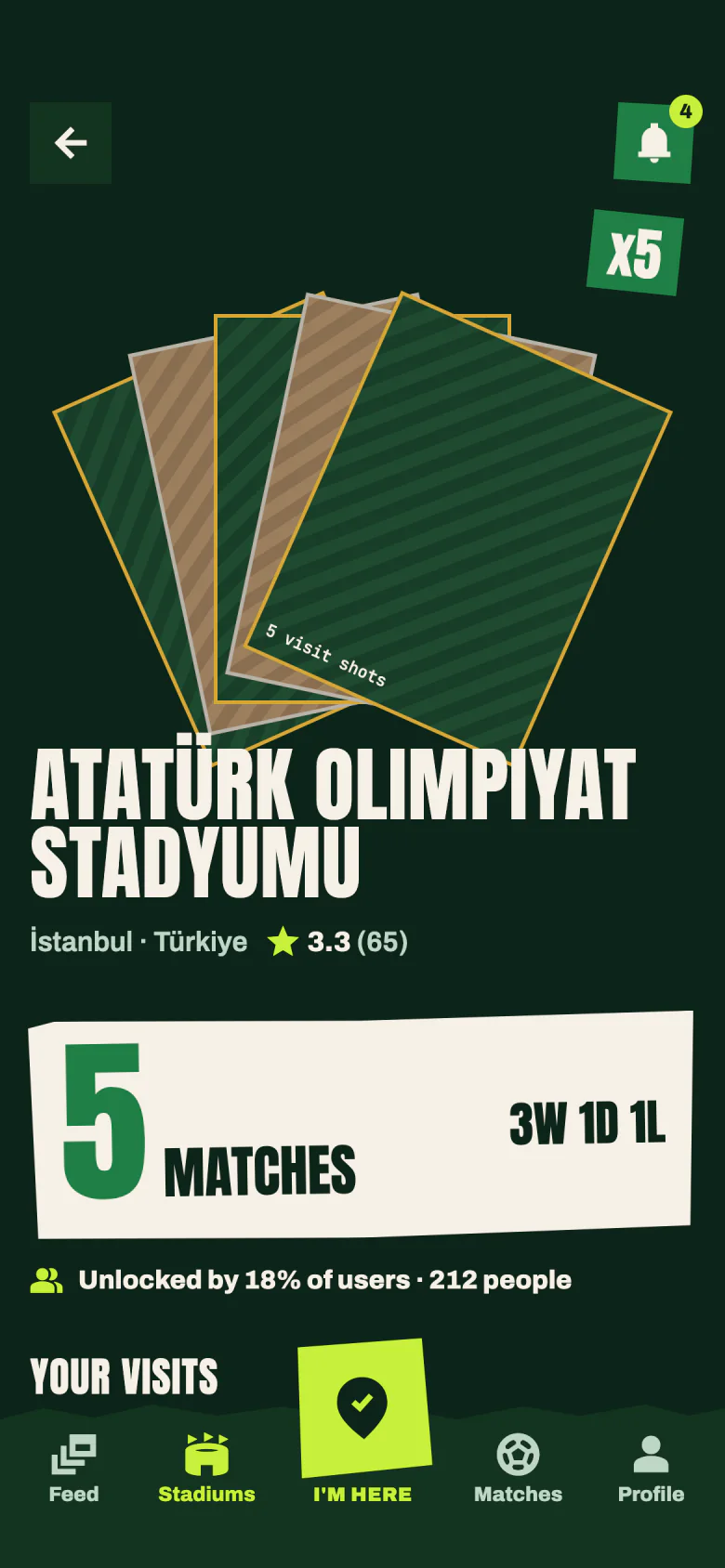 Atatürk Olympic Stadium, 5 visits: the fan of cards and x5.
