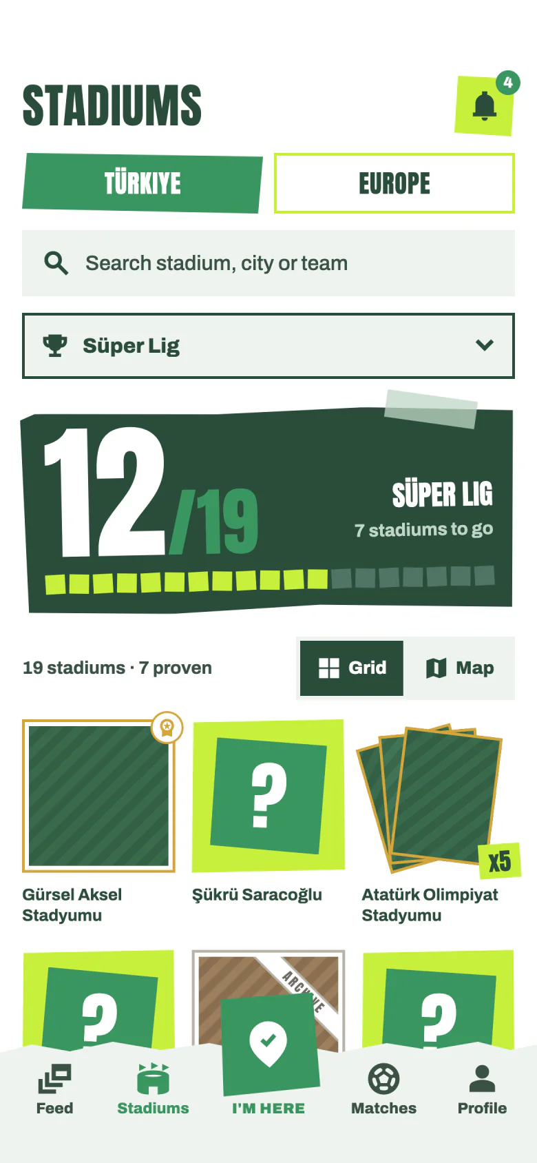 The Stadiums screen: 12 of 19 Süper Lig stadiums unlocked, locked “?” boxes, gold-framed proven cards and an x5 fan.