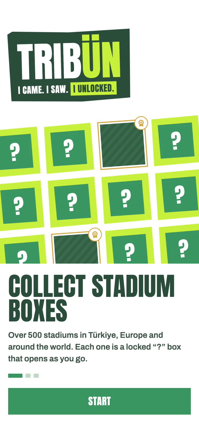 The app's intro: the TRIBÜN logo and the stadium boxes.